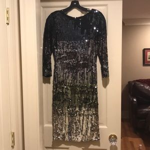 Long Sleeved Navy Ombre Sequin Cocktail Dress